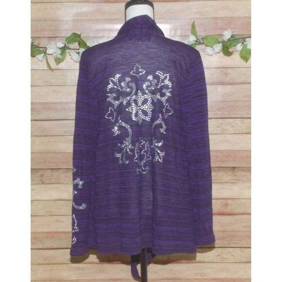 Absolutely Famous Purple Heathered Open Front Cardigan Sweater Size L Studded - Picture 9 of 12